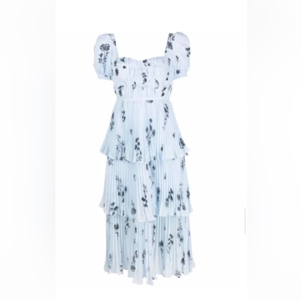 Self-Portrait Blue Puff Sleeve MIDI Dress - Picture 2 of 6